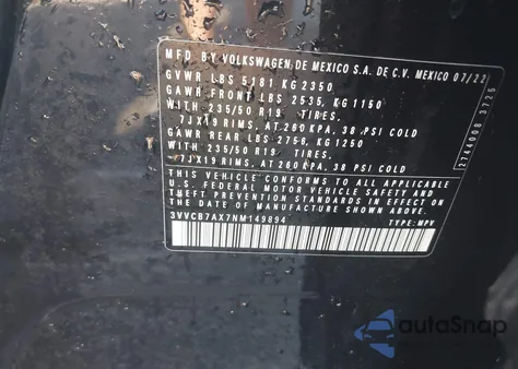 2022 Volkswagen Tiguan 2.0T Se R-Line Black from USA, damaged, VIN 3VVCB7AX7NM149894